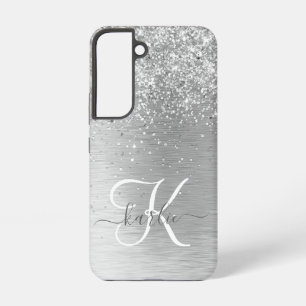 Silver Brushed Metal Glitter Monogram Name Samsung Galaxy Case