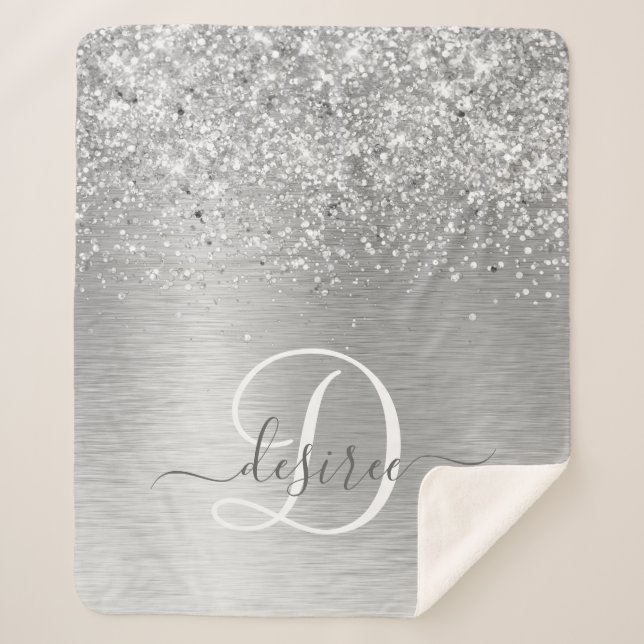 Silver Brushed Metal Glitter Monogram Name Sherpa Blanket (Front)