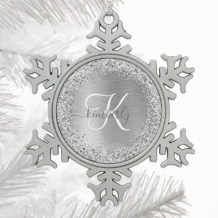 Silver Brushed Metal Glitter Monogram Name Snowflake Pewter Christmas Ornament