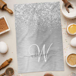 Silver Brushed Metal Glitter Monogram Name Tea Towel