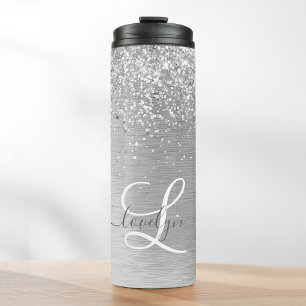 Silver Brushed Metal Glitter Monogram Name Thermal Tumbler