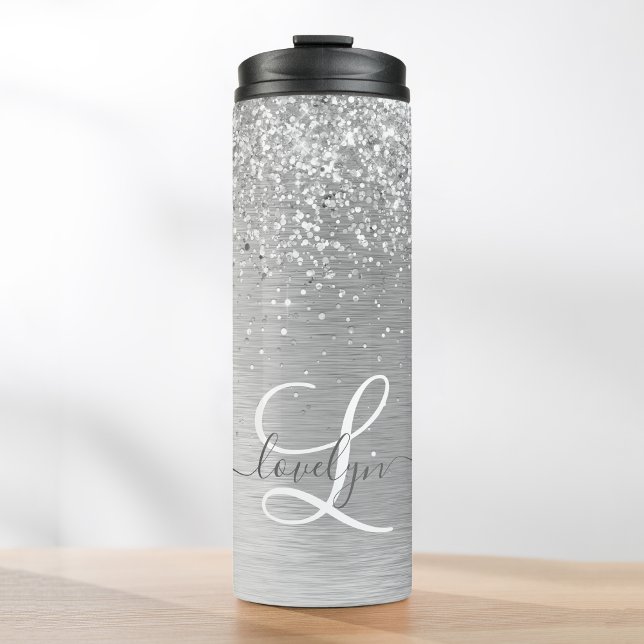 Silver Brushed Metal Glitter Monogram Name Thermal Tumbler (Creator Uploaded)