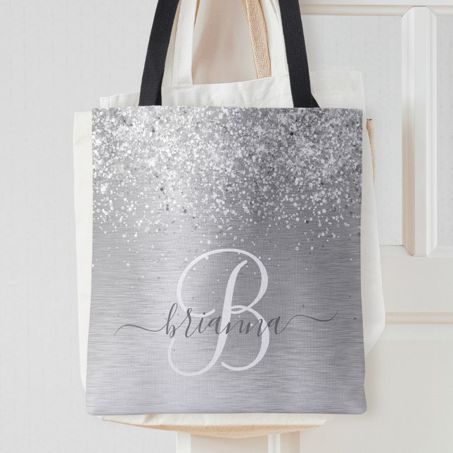 Silver Brushed Metal Glitter Monogram Name Tote Bag (Creator Uploaded)