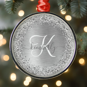 Silver Brushed Metal Glitter Monogram Name Tree Decoration