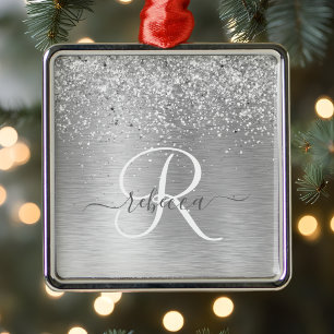 Silver Brushed Metal Glitter Monogram Name Tree Decoration