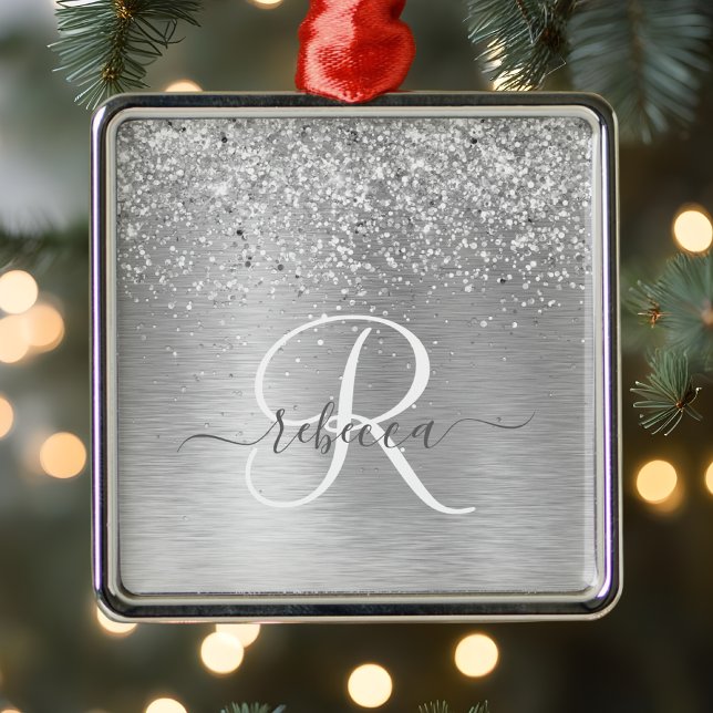 Silver Brushed Metal Glitter Monogram Name Tree Decoration (Creator Uploaded)