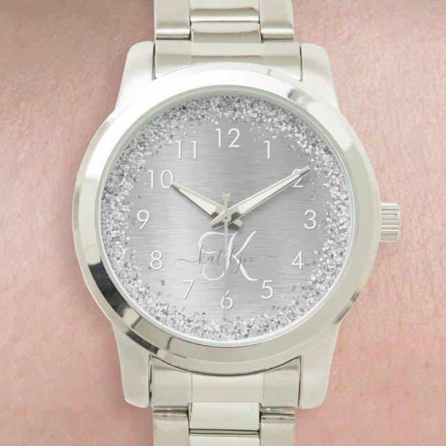 Silver Brushed Metal Glitter Monogram Name Watch (Creator Uploaded)