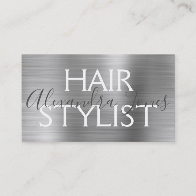 Silver Brushed Metal Hair Stylist Business Card (Front)