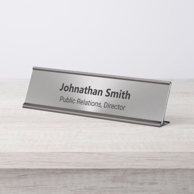 Silver Brushed Metal Look Employee Name Job Title Desk Name Plate (Front)