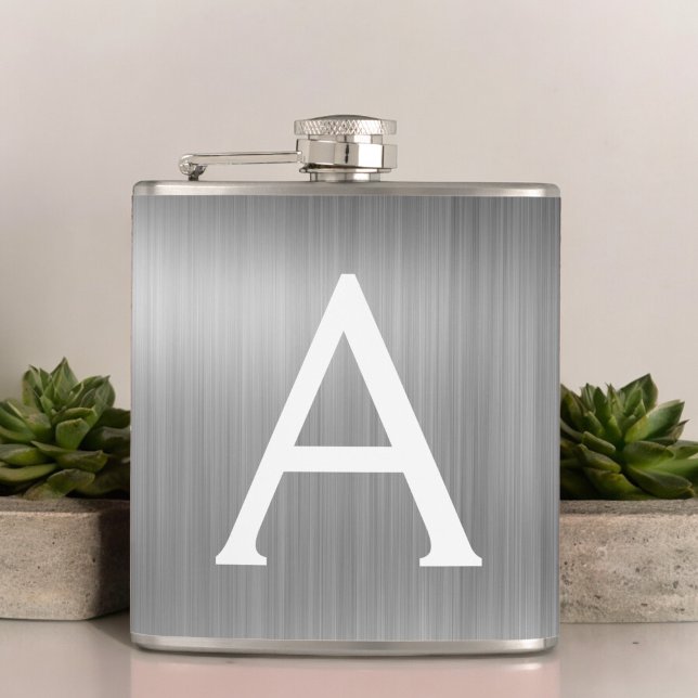 Silver Brushed Metal Monogram Name and Initial Hip Flask (Creator Uploaded)