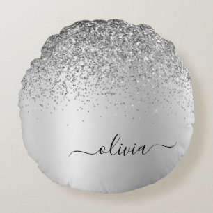 Silver Brushed Metal Monogram Name Girly Round Cushion