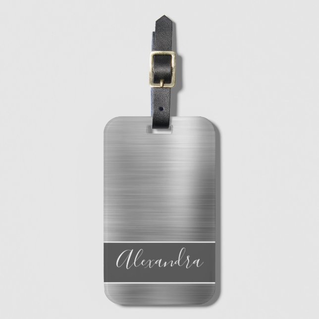 Silver Brushed Metal Monogram Name Luggage Tag (Front Vertical)