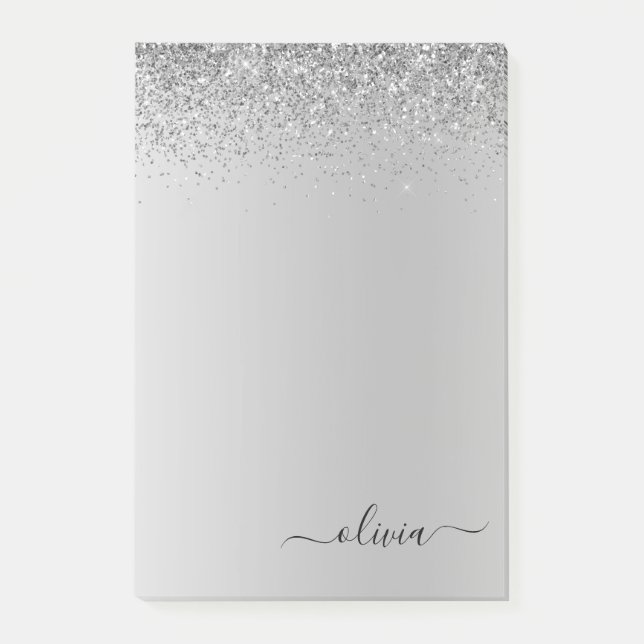 Silver Brushed Metal Monogram Name Luxury Post-it Notes (Front)