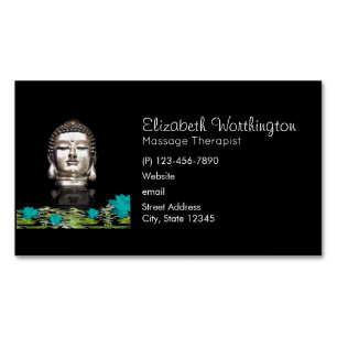 Silver Buddha Head Statue with Lotus Flowers Magnetic Business Card