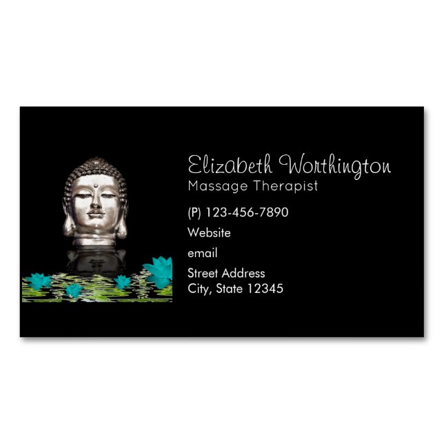 Silver Buddha Head Statue with Lotus Flowers Magnetic Business Card (Front)