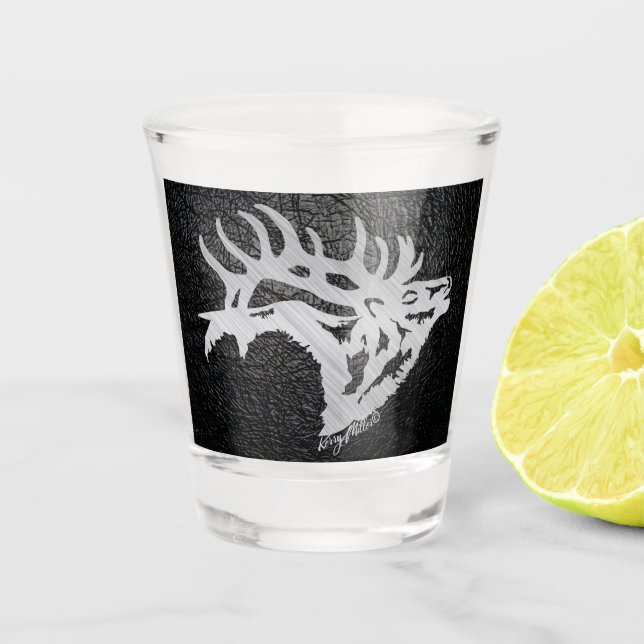 Silver Bull Elk On Black Leather Shot Glass (Front)