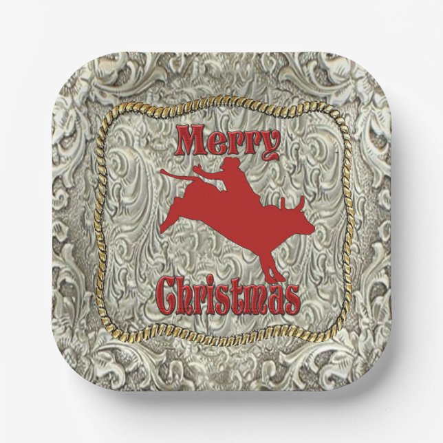 Silver Bull Rider Belt Buckle Christmas  Paper Plate (Front)
