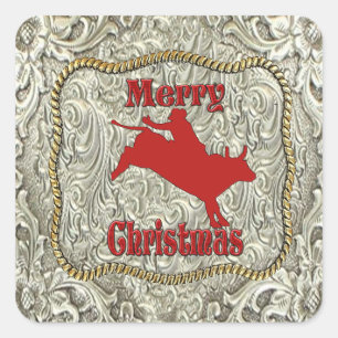 Silver Bull Rider Belt Buckle Christmas Square Sticker