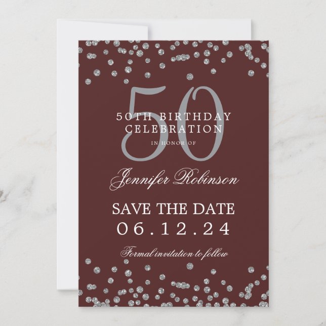 Silver Burgundy 50 Birthday Save the Date Confetti Invitation (Front)