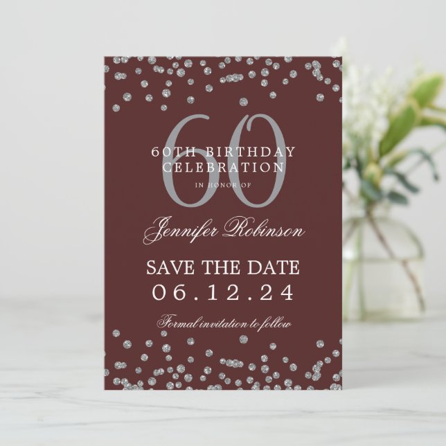 Silver Burgundy 60th Birthday Save Date Confetti Invitation (Standing Front)