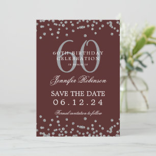 Silver Burgundy 60th Birthday Save Date Confetti Invitation