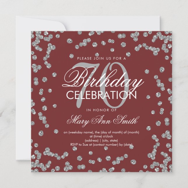 Silver Burgundy 70th Birthday Glitter Confetti Invitation (Front)