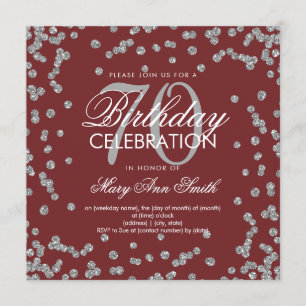 Silver Burgundy 70th Birthday Glitter Confetti Invitation
