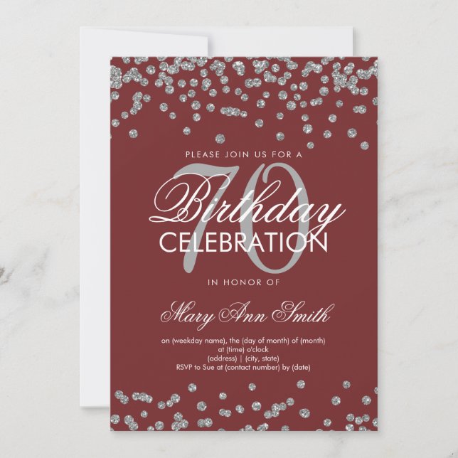 Silver Burgundy 70th Birthday Glitter Confetti Invitation (Front)