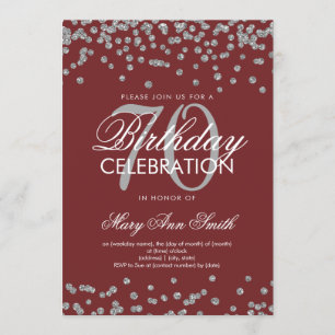Silver Burgundy 70th Birthday Glitter Confetti Invitation