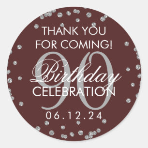 Silver Burgundy 90th Birthday Thank You Glitter Classic Round Sticker