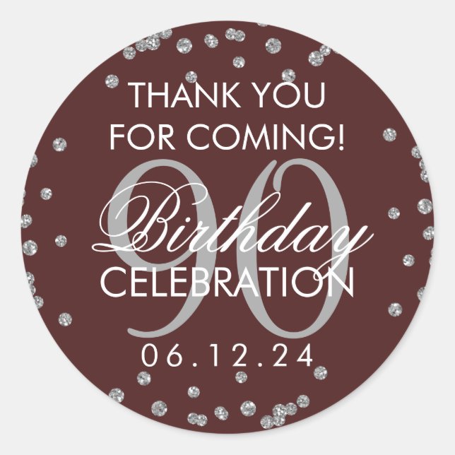 Silver Burgundy 90th Birthday Thank You Glitter Classic Round Sticker (Front)