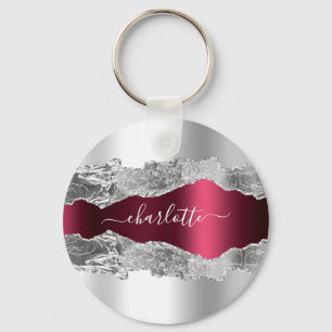 Silver burgundy agate marble name key ring