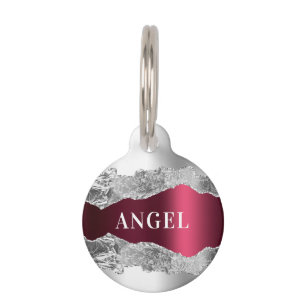 Silver burgundy agate marble name pet tag
