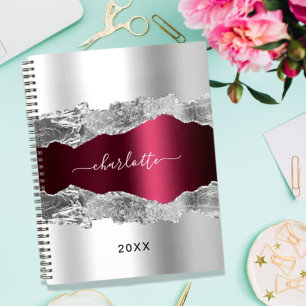 Silver burgundy agate marble name script 2022 planner