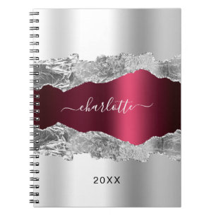 Silver burgundy agate marble name script notebook