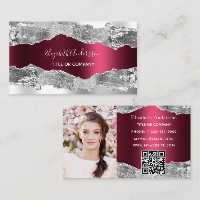 Silver burgundy agate marble QR code photo Business Card (Front/Back)