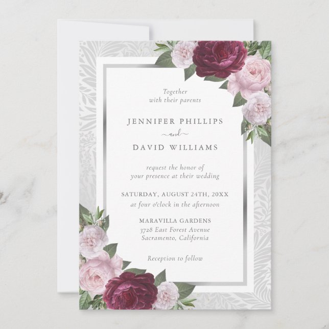 Silver Burgundy Blush Floral Wedding Invitations (Front)