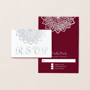 Silver Burgundy Elegant Floral RSVP Wedding Foil Card