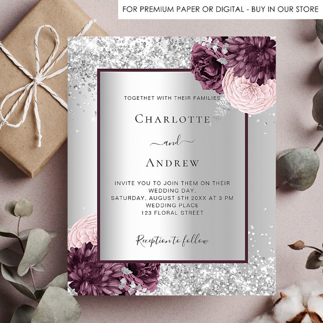Silver burgundy floral budget wedding invitation flyer (Creator Uploaded)
