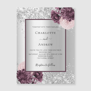 Silver burgundy floral elegant luxury wedding magnetic invitation
