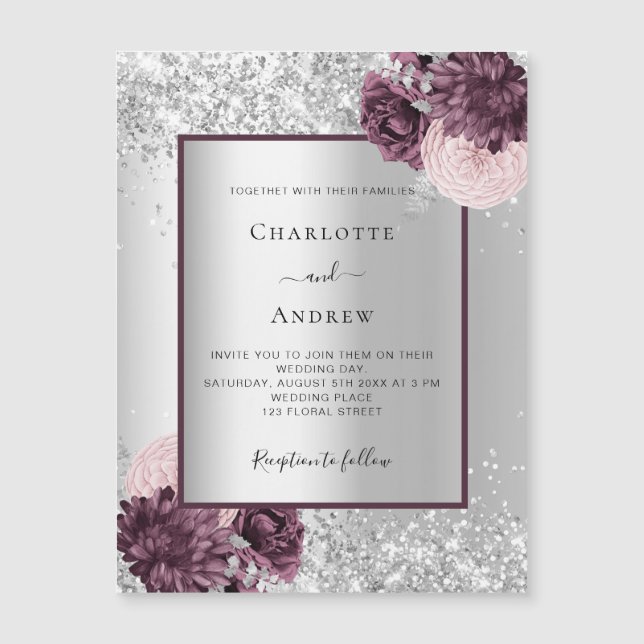 Silver burgundy floral elegant luxury wedding magnetic invitation (Front)
