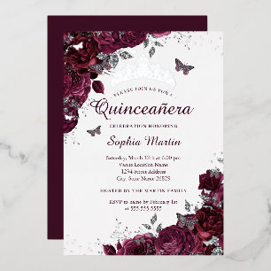 Silver Burgundy Floral Elegant Quinceanera