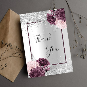 Silver burgundy floral glitter elegant glamourous thank you card