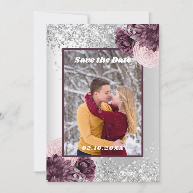 Silver burgundy floral photo Save the Date wedding (Front)