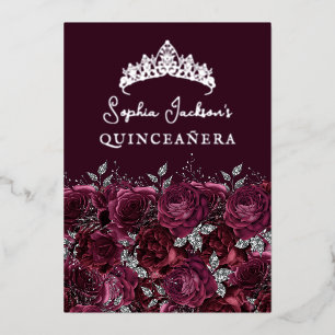 Silver Burgundy Floral Rose Quinceanera