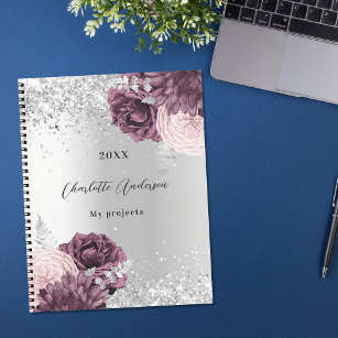 Silver burgundy florals elegant glamourous notebook