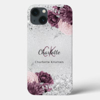 Silver burgundy florals elegant monogram name
