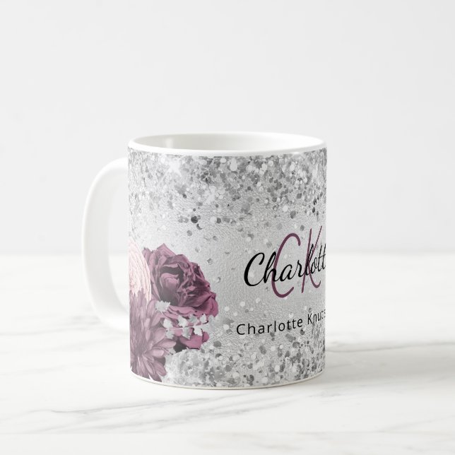 Silver burgundy florals elegant monogram name  coffee mug (Front Left)