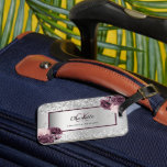 Silver burgundy florals elegant monogram name luggage tag<br><div class="desc">A faux silver looking background decorated with burgundy and pink florals,  flowers. Personalise and add your monogram initials,  first name and full name on front.</div>