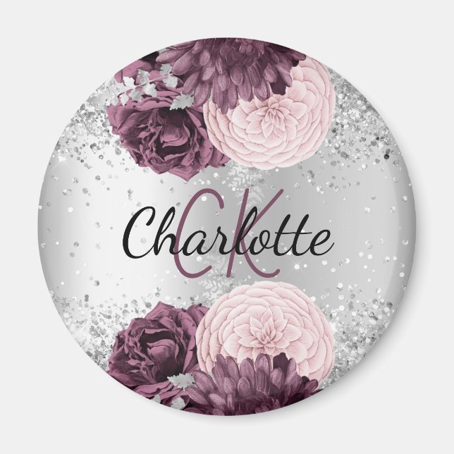 Silver burgundy florals elegant monogram name magnet (Front)